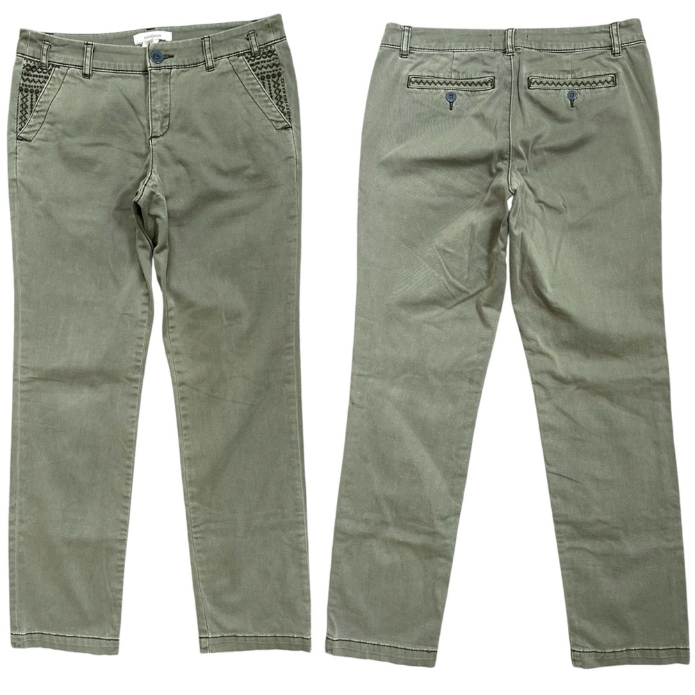 Sundance Green Chino Style Straight Leg Embroidered Pocket Low Rise Pants Sz 2